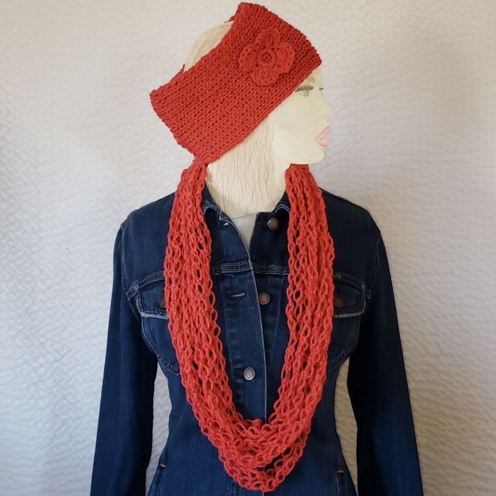 Handmade Knitted Headband Scarf Set. Coral Salmon